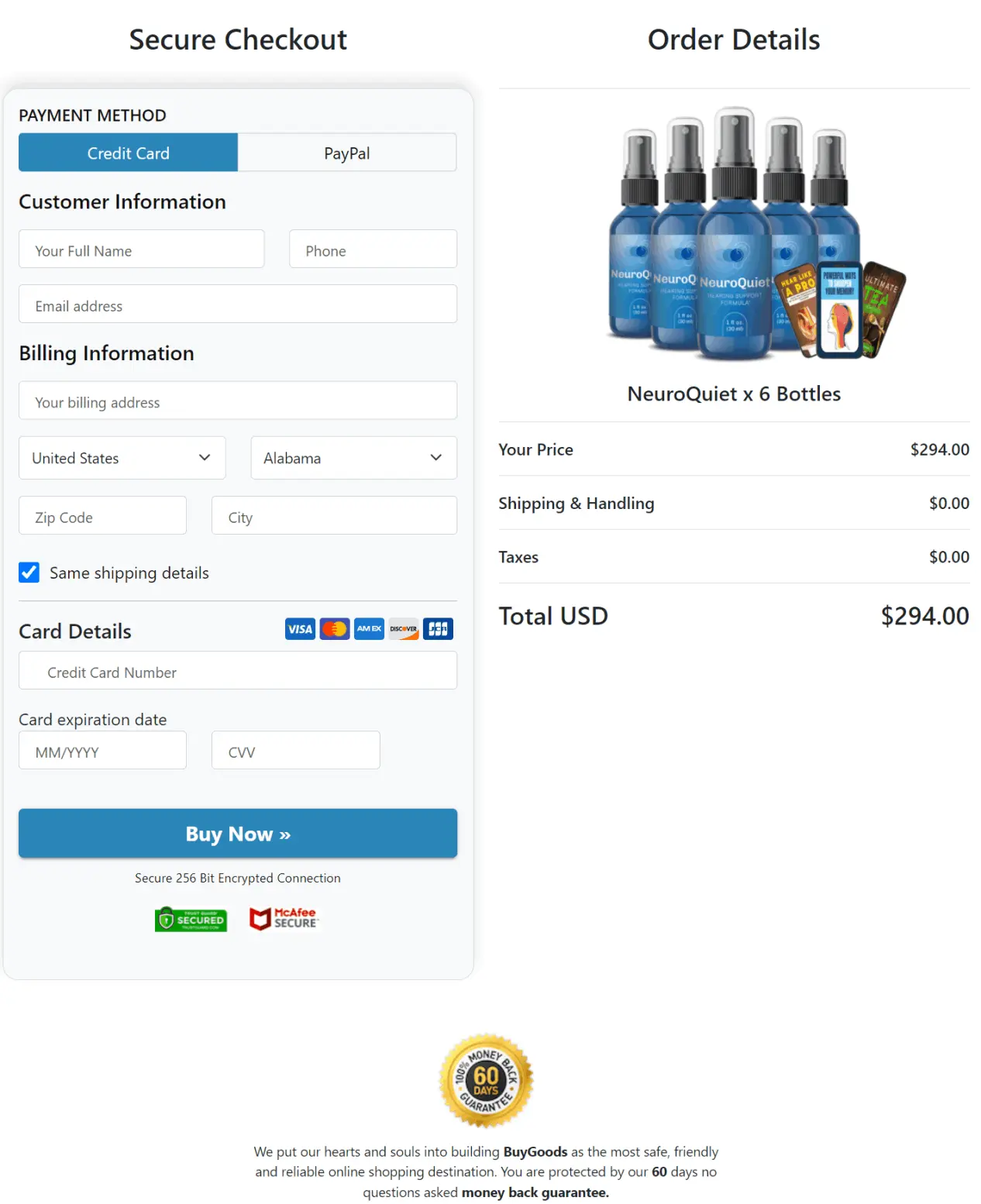 NeuroQuiet secure checkout